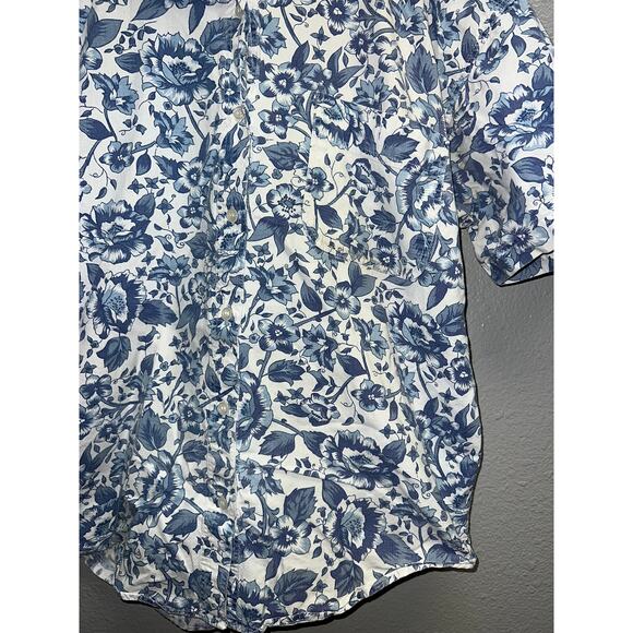 Vintage Ilio Floral Button Up Shirt ilio Short Sleeve White Blue 90s 1990s Small - Picture 4 of 10